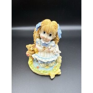 Sweet Kids Girl Figurine Fishing W/Teddy Bear & Blue Plaid Bows Hair in Pigtails